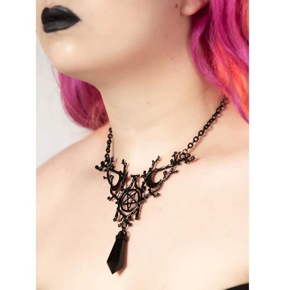 Killstar ✦ Forest Spirit Black Metal Pentagram Necklace ✦ Crystal Drop Gothic